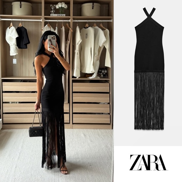 Zara Dresses & Skirts - NWT ZARA LONG STRETCH FRINGE DRESS SIZE S